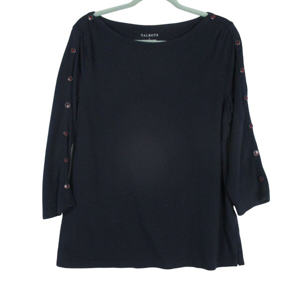 Talbots Tops - Talbots navy blue nautical cotton top boatneck 3/4 sleeves Anchor Buttons  Coast